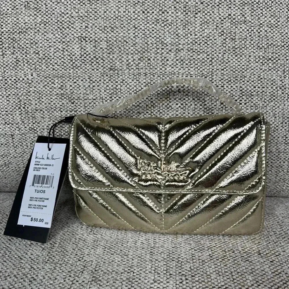 Nicole Miller Shoulder Bag Gold Quilted Logo Chain Strap Crossbody Purse New